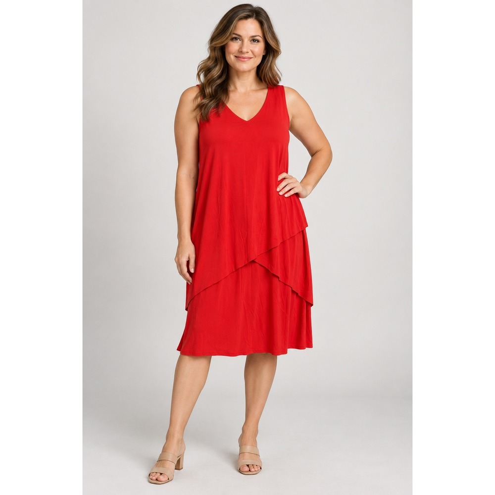 Susan Graver Tiered Dress Womens Medium Red Asymmetrical V-Neck Sleeveless Knit
